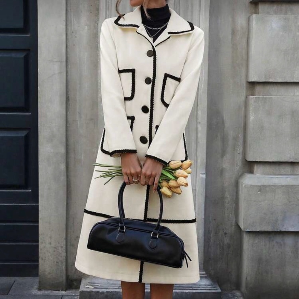 CONTRAST QUEEN Elegant Mid-Length Cream Coat with Black Braided Trim SMALL - Picture 6 of 8